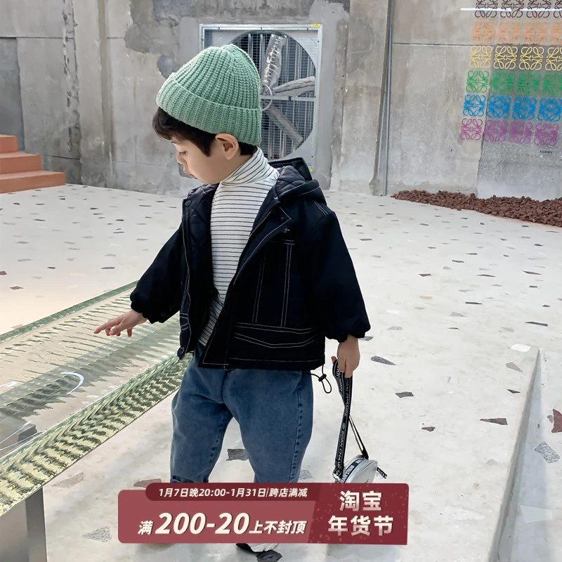 萌萌哒童装宝宝夹棉男童外套秋冬加厚保暖绳扣连帽儿童风衣