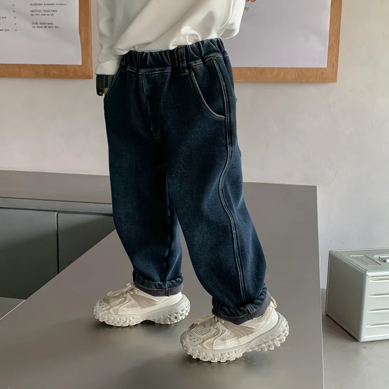 甜妈家童装 儿童秋冬加绒牛仔裤男女童宝宝工装加厚裤子潮