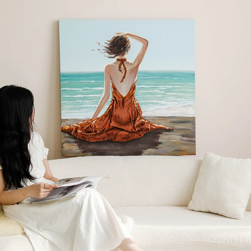高级感手绘人物画风景装饰油画创意肌理立体壁挂画客厅面朝大海