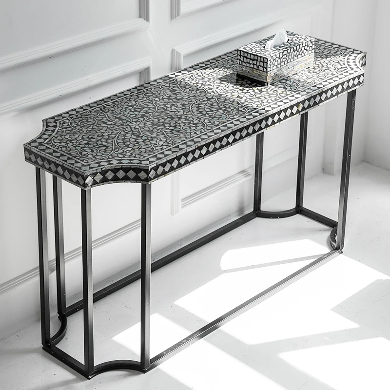 进口贝壳玄关台入户客厅玄关桌靠墙走廊边桌轻奢复古侘寂风端景台