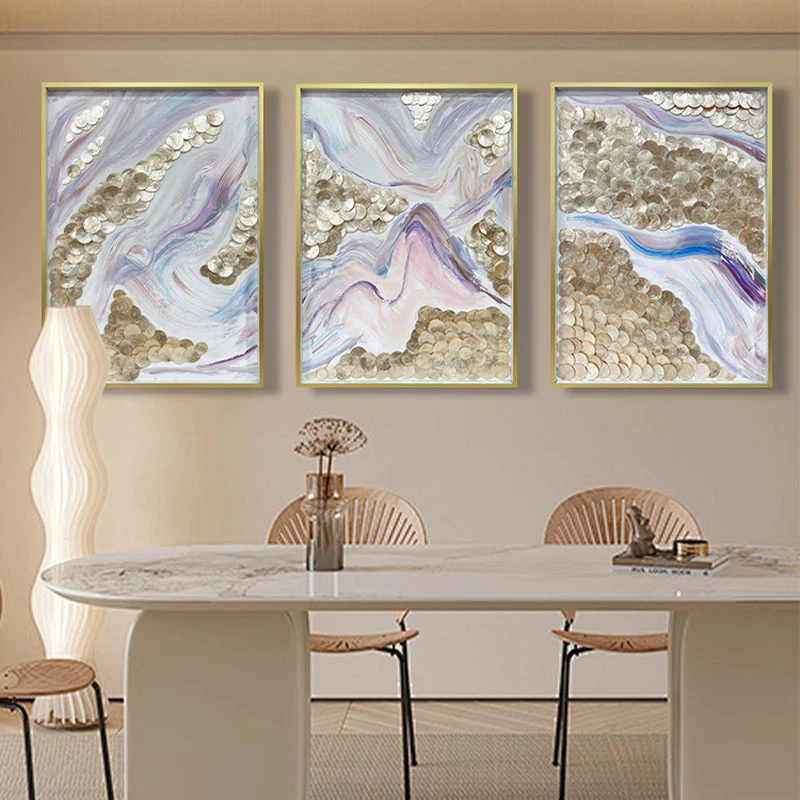 轻奢法式艺术客厅手绘油画三联画贝壳装饰画墙壁饰挂画金风玉露
