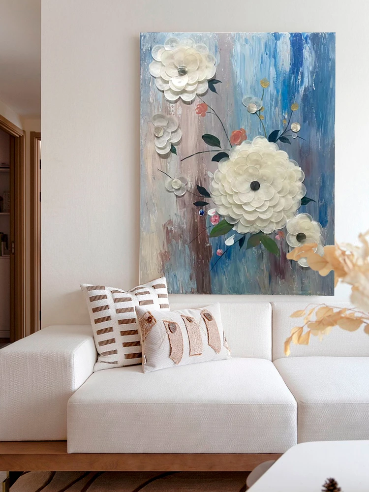 五折清仓背景墙拼贴贝壳装饰画手绘花卉油画客厅卧室玄关芙蓉花开