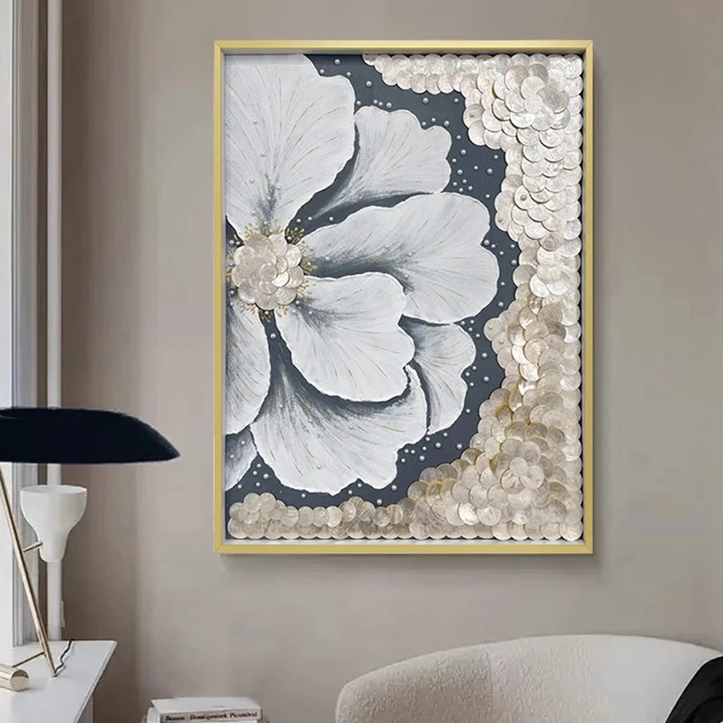 创意手绘花卉艺术油画玄关贝壳装饰画卧室禅意两联挂画丹辉璀璨