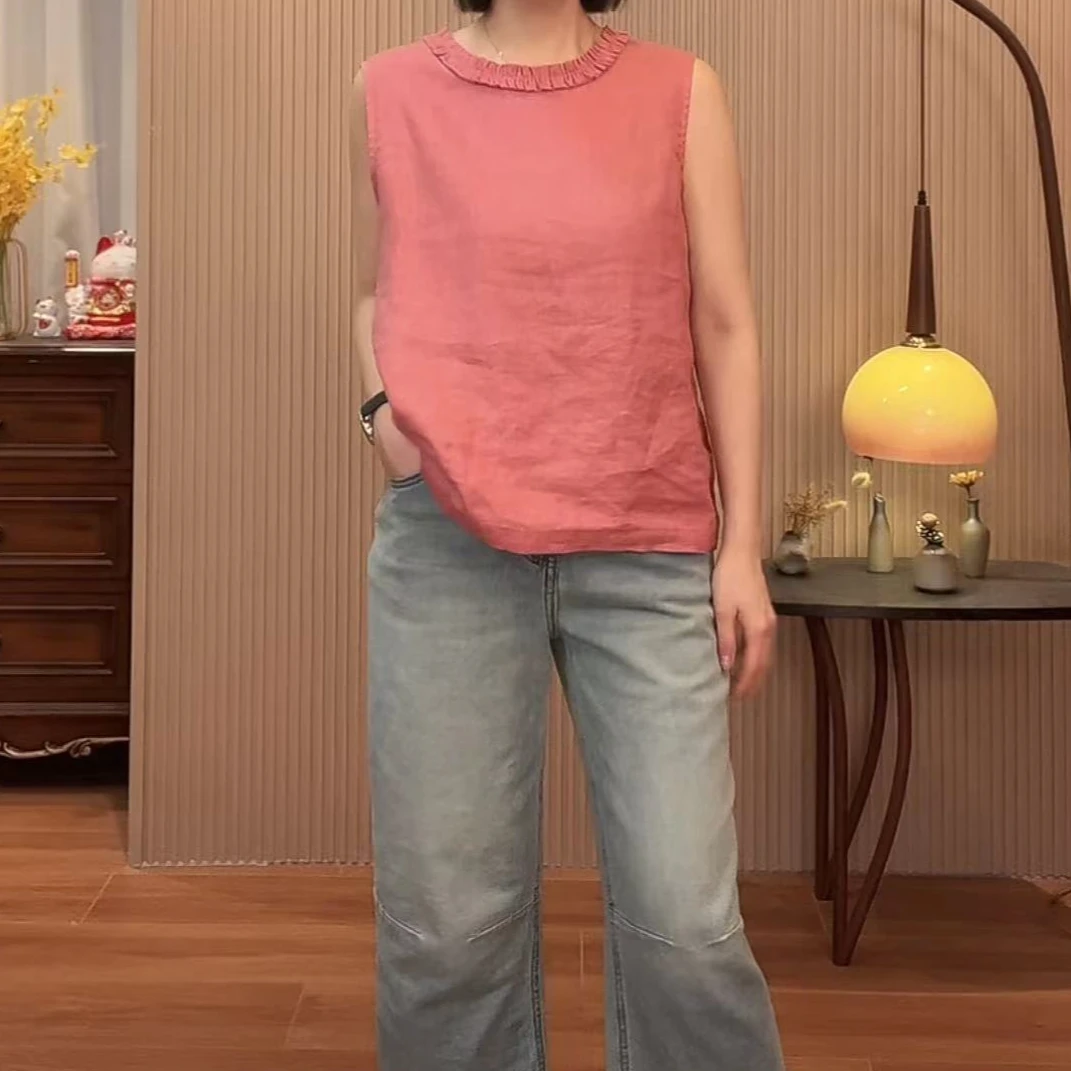 NIUNIU · 轻奢简约木耳边圆领无袖背心女新款百搭上衣 Mao-376