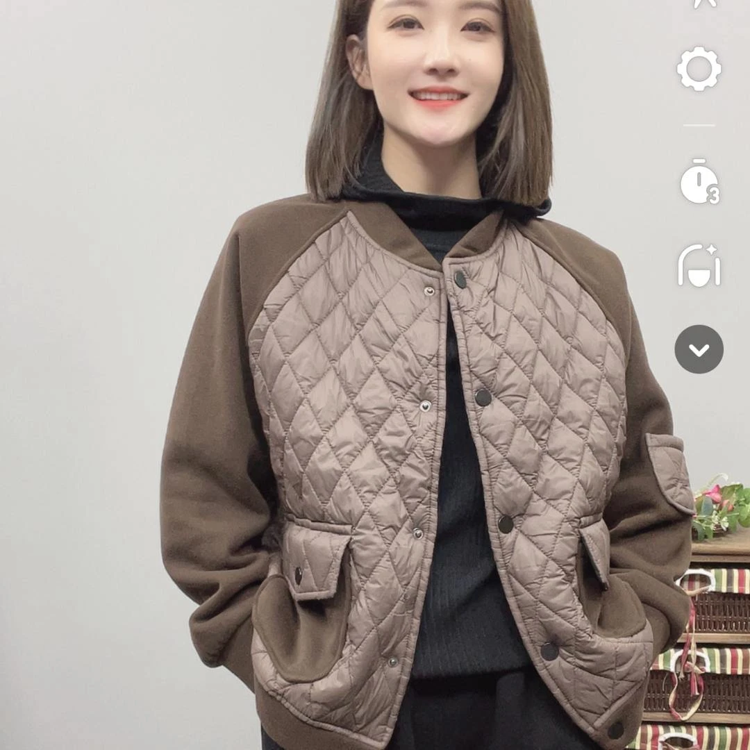 22818款冬款新款时尚休闲气质撞色菱形格拼接单排扣加厚保暖外套