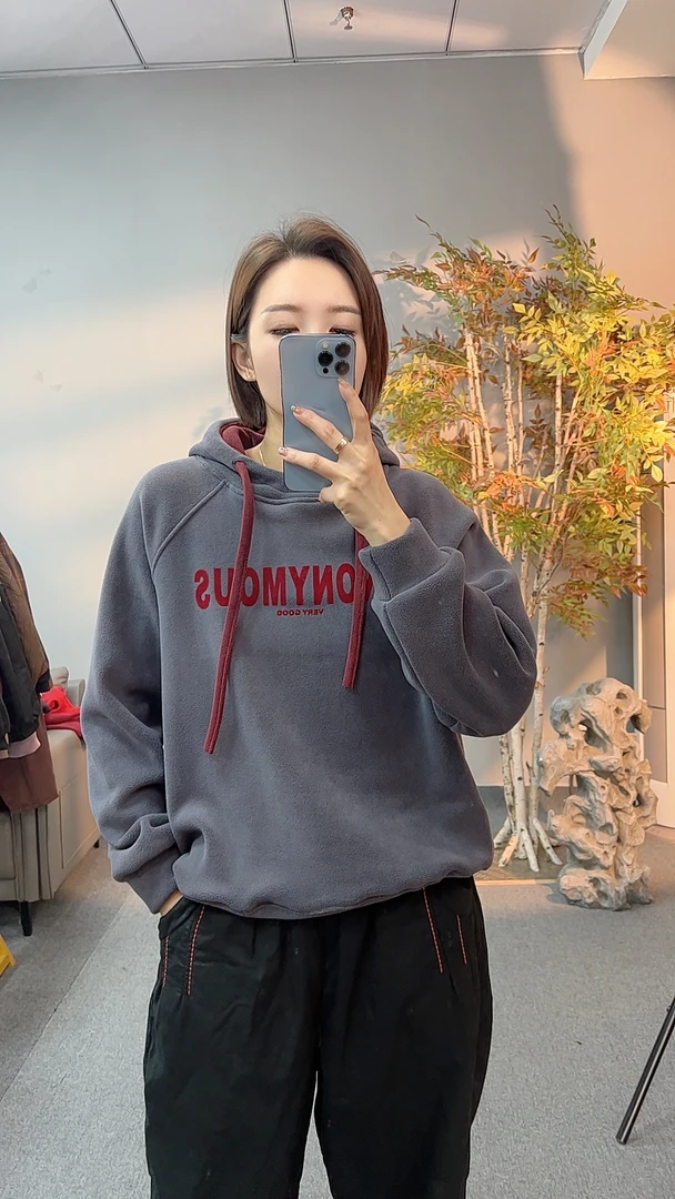 1115冬季新款女装时尚休闲欧版纯色百搭显瘦连帽宽松卫衣