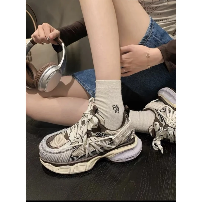 欧洲站2024秋季新款真皮网面透气厚底增高老爹鞋女休闲运动跑步鞋