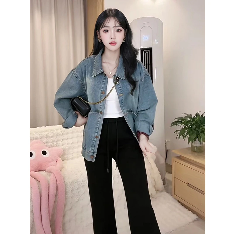 大口袋牛仔外套女春秋季韩系chic慵懒风休闲宽松港味复古夹克上衣