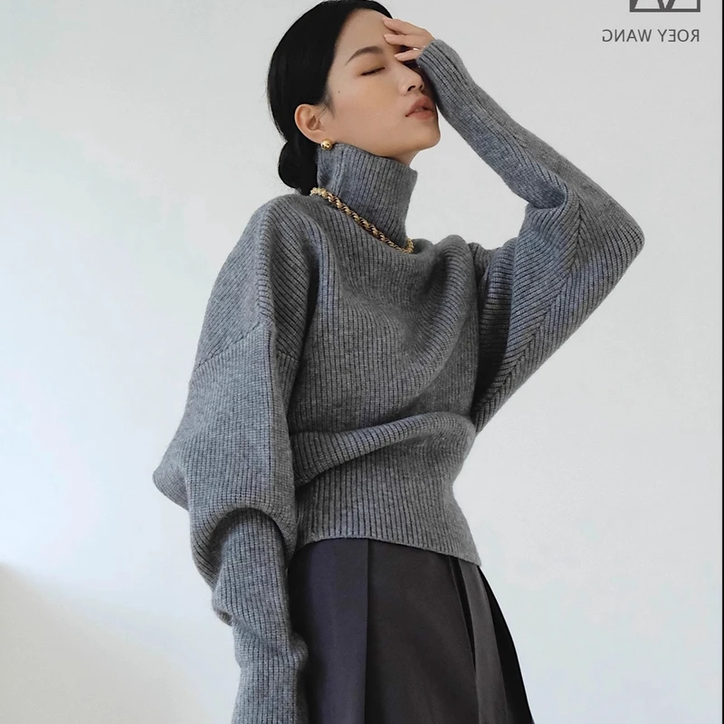 秋冬法式高领收腰毛衣女别致气质感小众蝙蝠型针织衫外穿上衣