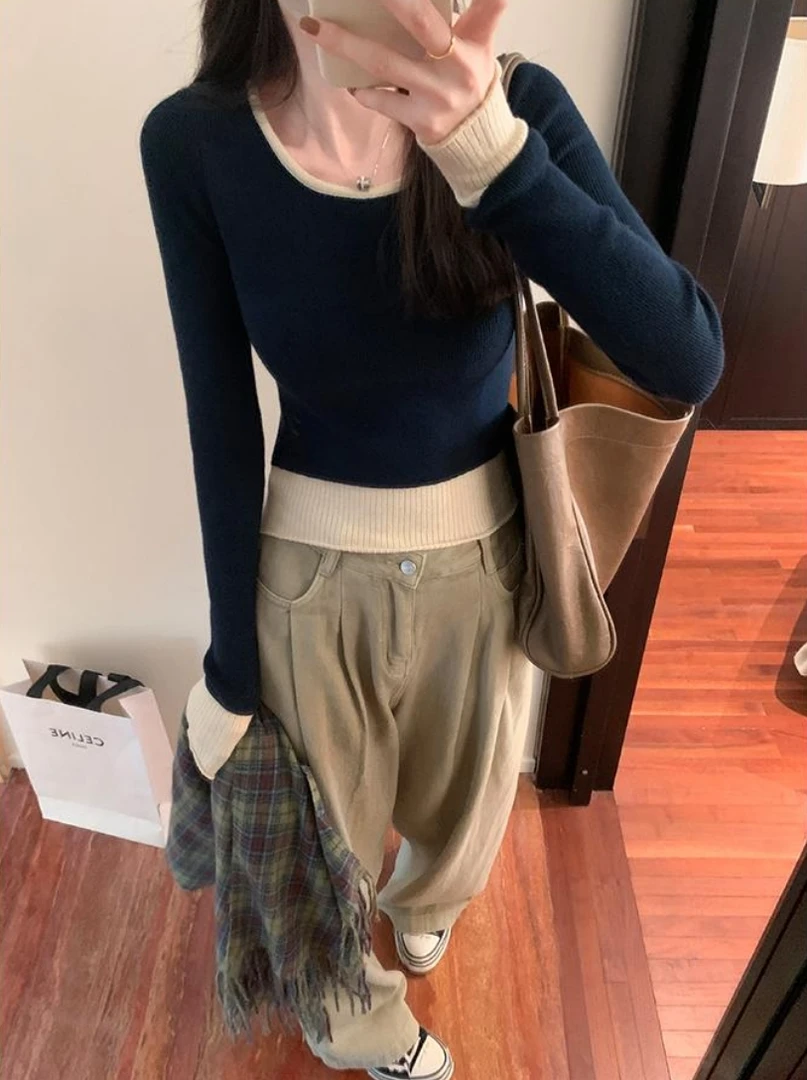 秋冬撞色百搭长袖针织衫女2024年新款设计感修身显瘦内搭上衣