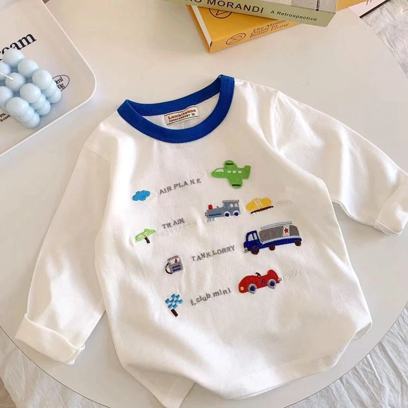 巴拉甄选外贸日系新款男童长袖T恤秋儿童宝宝可爱小车刺绣百搭潮