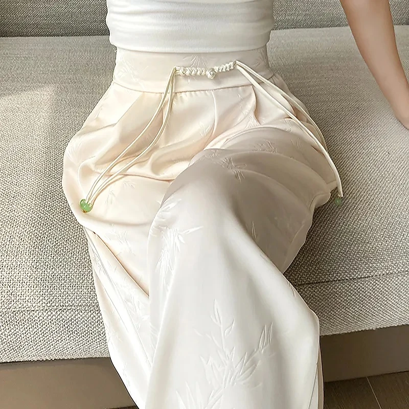 缎面提花外穿裤女夏季薄高级感垂感直筒新中式国风冰丝窄版阔腿裤