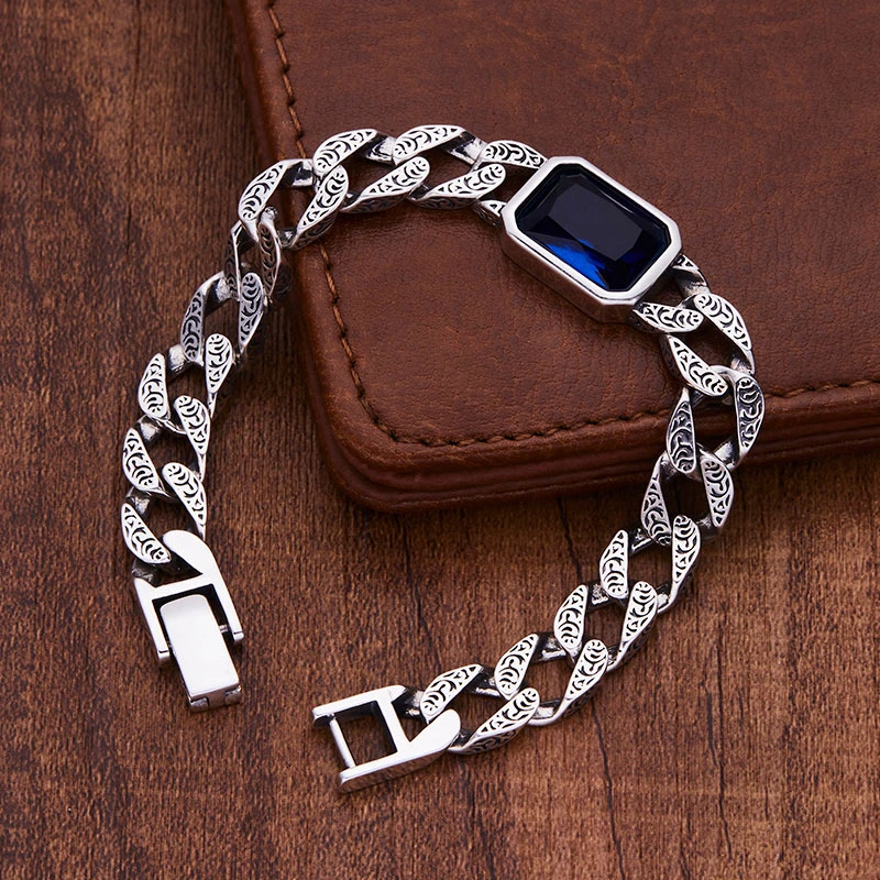 925银手链 男士唐草纹纯银手链时尚欧美百搭简约潮流蓝锆韩版个性