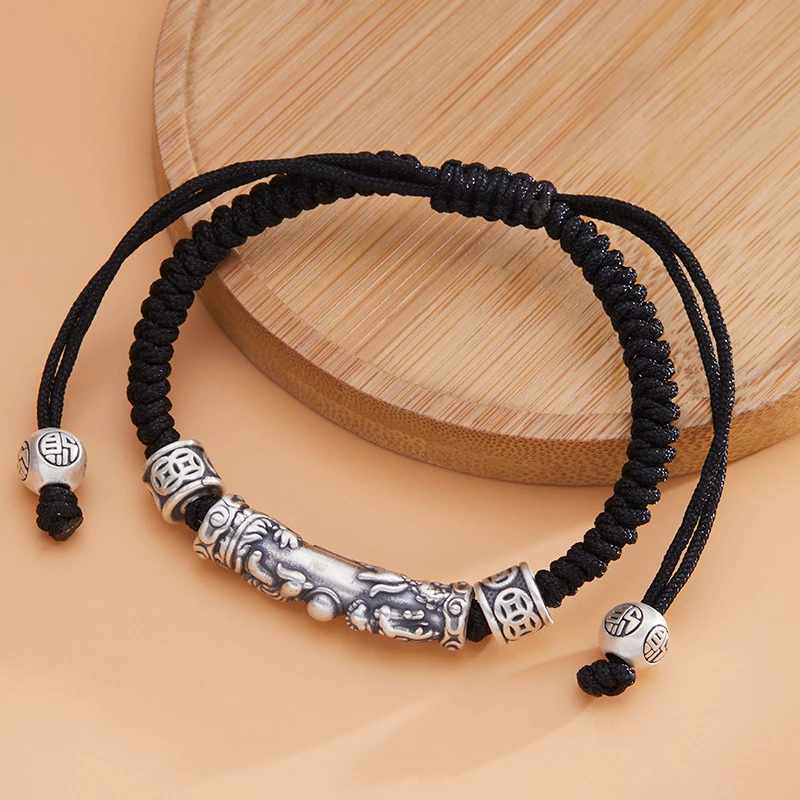 足银手链 男士时尚复古编织个性做旧素款可调节龙手链纯手工手绳