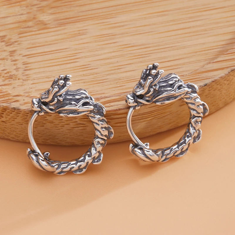 925银耳饰 男士纯银龙耳环复古个性民族风做旧单只个性银耳圈素款