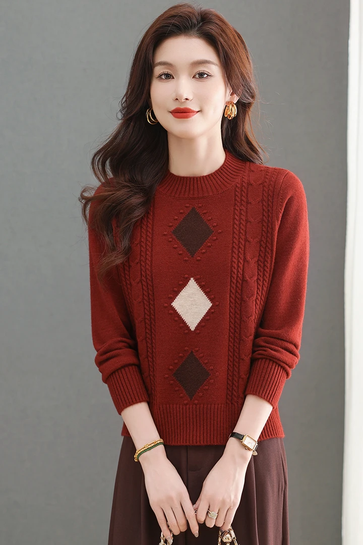 2024新款冬季女士圆领毛衣洋气时尚宽松显瘦保暖打底气质内搭拼色