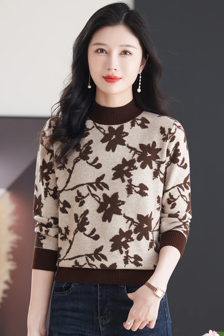 2024新款冬季女士半高领毛衣保暖气质宽松显瘦提花洋气打底百搭