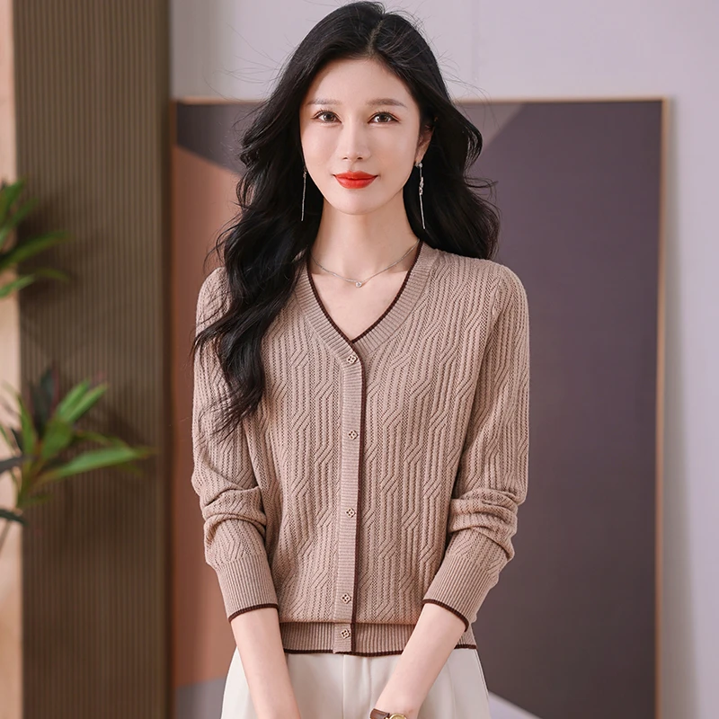 2024新款秋女装长袖假开衫洋气时尚百搭宽松显瘦针织打底气质V领
