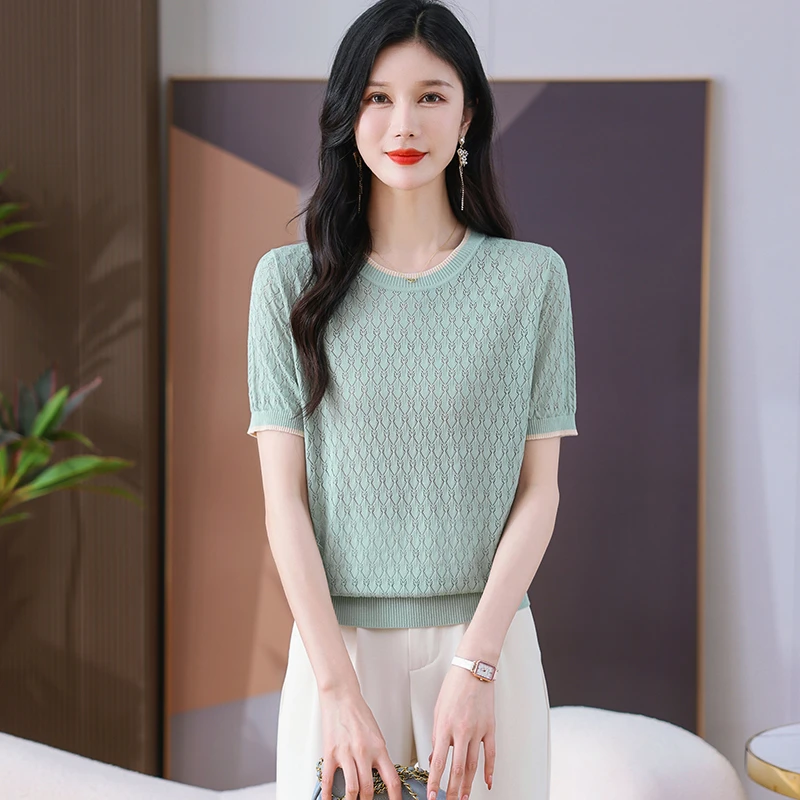 【天丝】新款夏季女装圆领短袖针织显瘦气质时尚薄款洋气