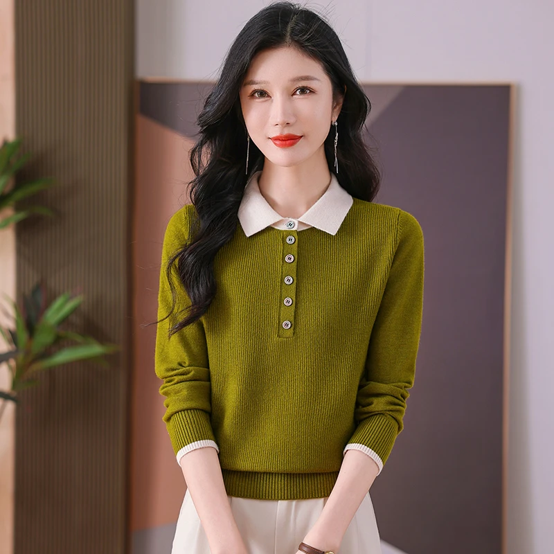 2024新款秋冬翻领女装长袖洋气时尚显瘦针织打底内搭宽松上衣气质