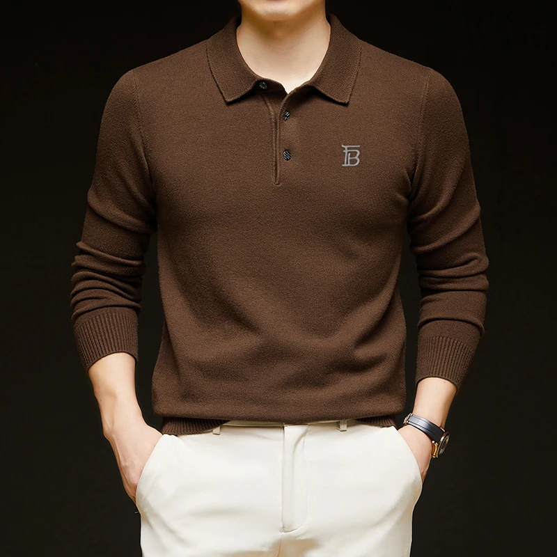 欧洲轻奢男士纯色长袖羊毛衫秋冬季翻领商务休闲百搭针织打底毛衫