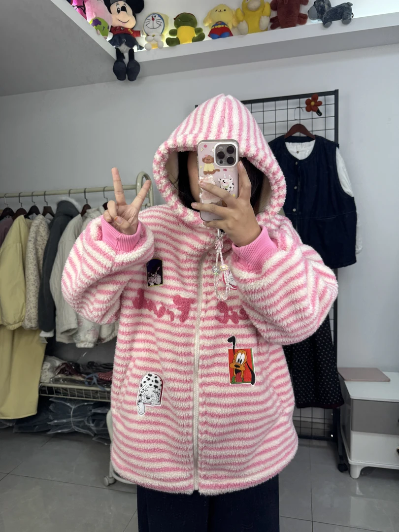 【鱼纹家】卡通减龄条纹连帽可爱ins加绒毛绒外套冬季女