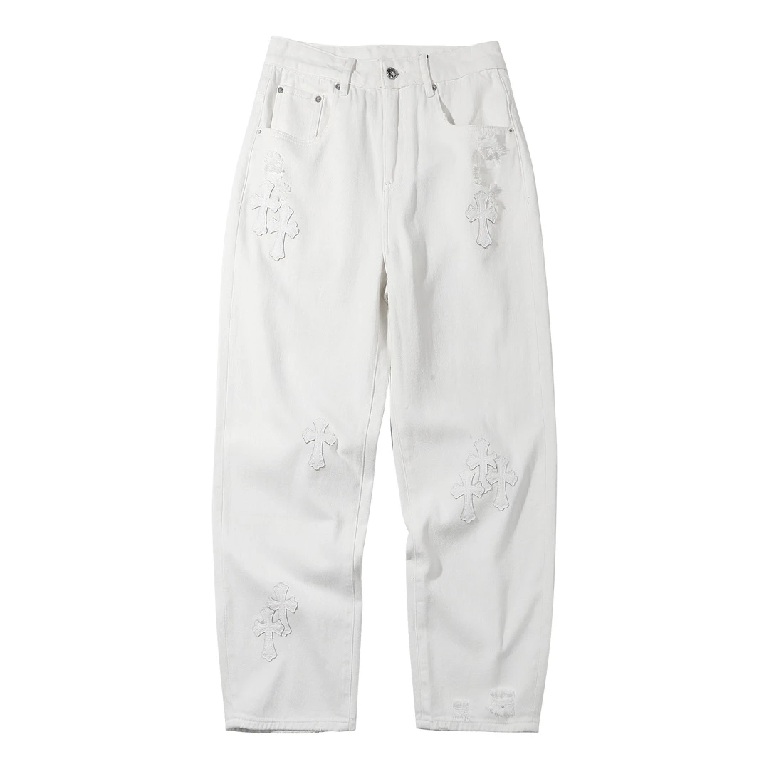 白牛仔裤十字贴皮重磅高级感直筒牛仔裤 #6737