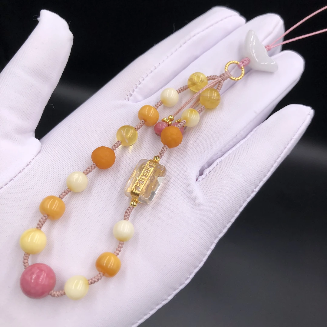 【亿轩臻选】ZX068208蜜蜡手机挂diy蔷薇石&水晶6-7mm+