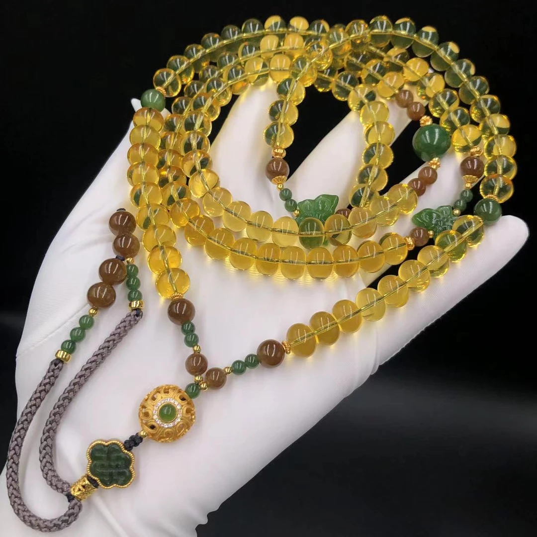 【亿轩臻选】ZX043805墨西哥蓝珀108毛衣链diy和田玉9mm+