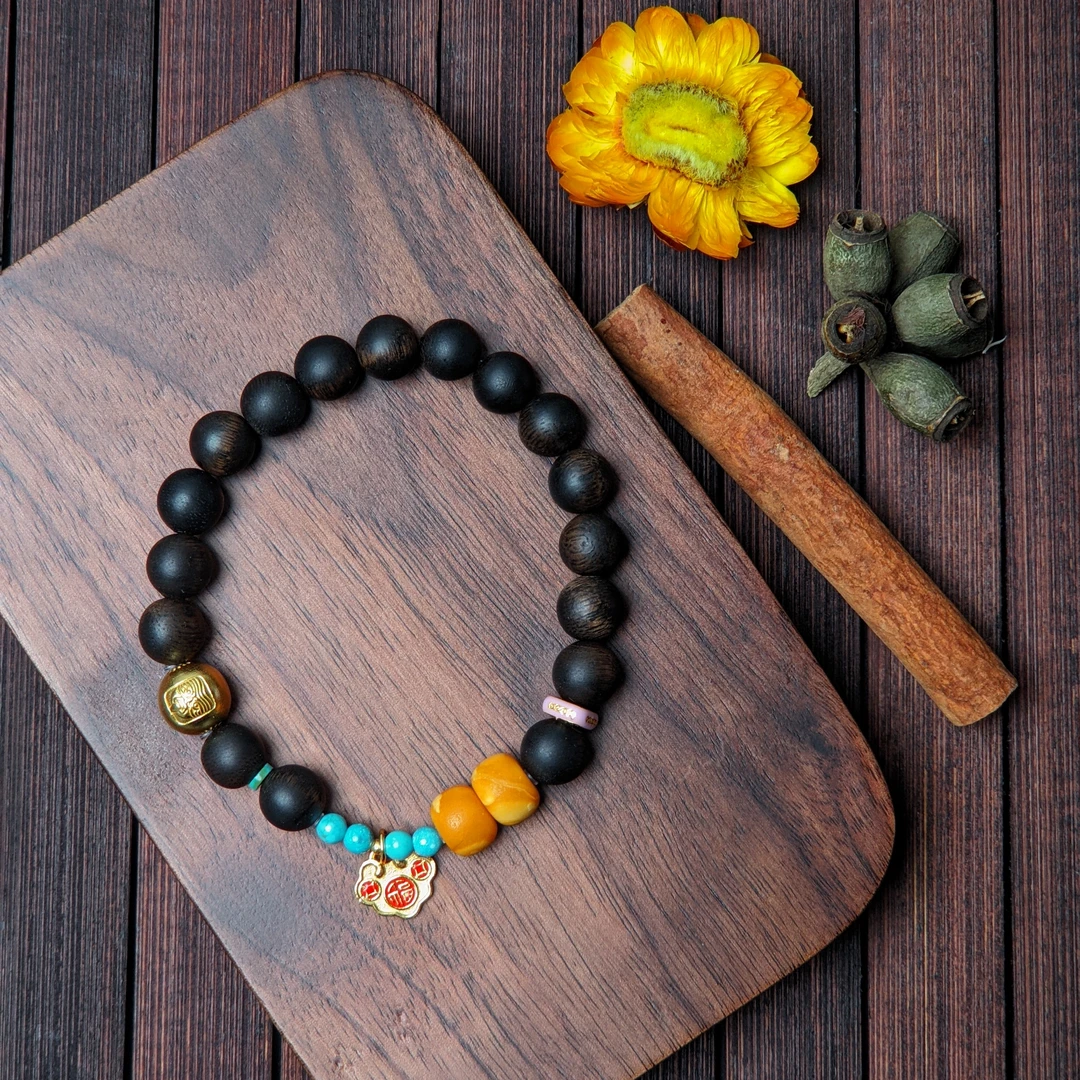 【亿轩臻选】ZX078510富森沉香单圈手串diy橘皮花蜡&绿松4-8-9mm+