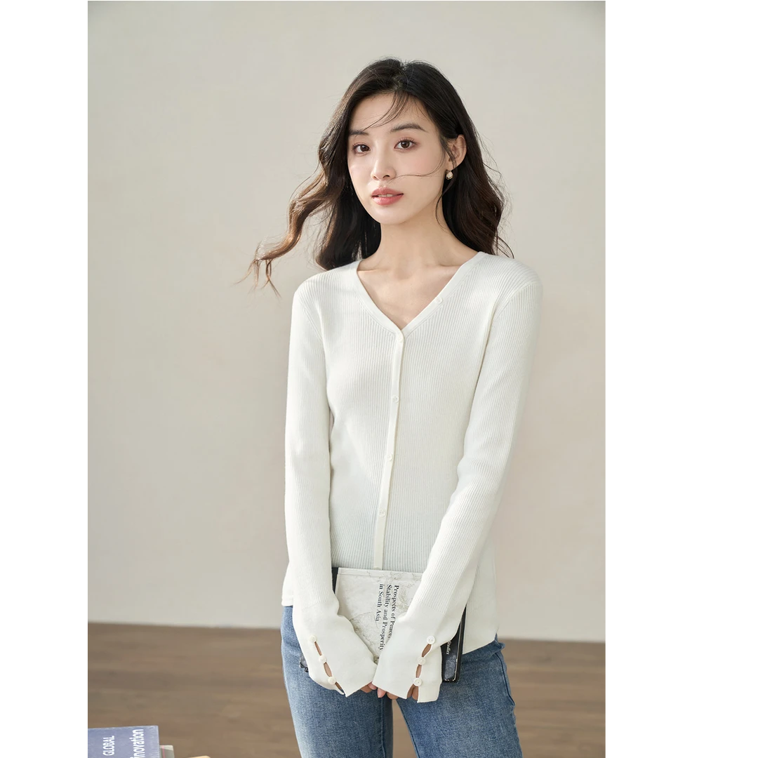 【商场同款】茵曼薄款毛衣秋季女装新款V领长袖不规则针织衫