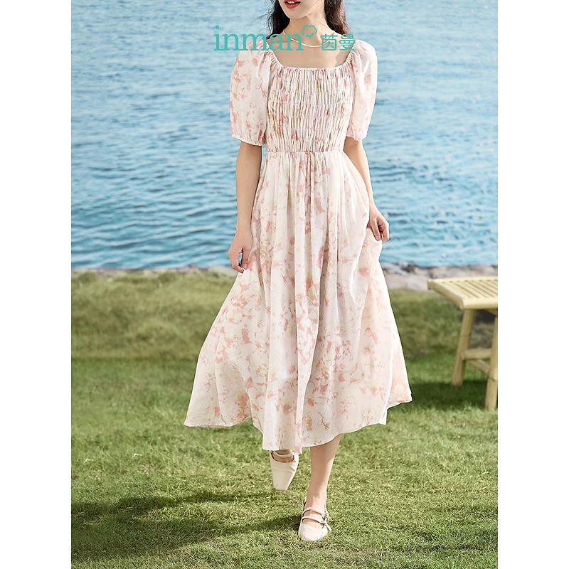 【商场同款】茵曼夏季女连衣裙裙子长裙女装碎花气质短袖风新款休闲