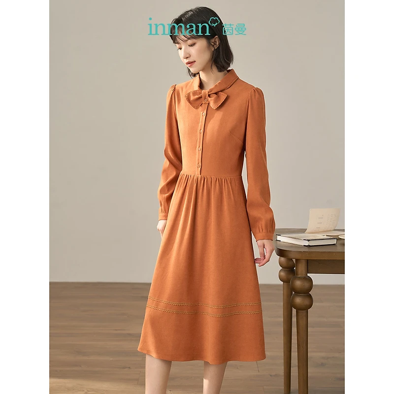 【商场同款】茵曼冬女装新款腰部收褶系带领精致绣花连衣裙