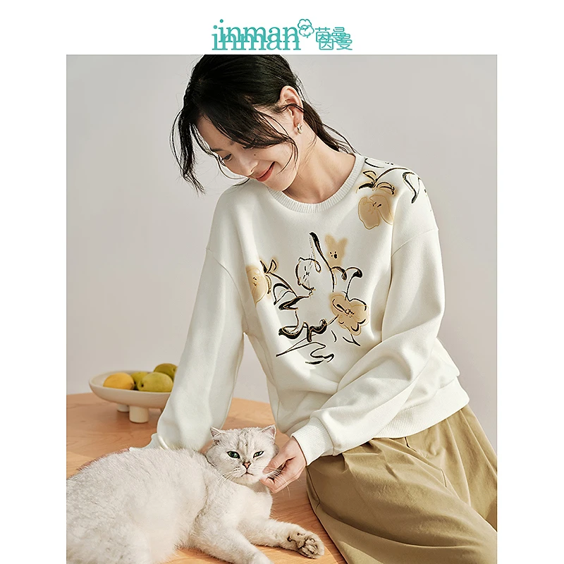 【商场同款】茵曼艺术感猫咪印花卫衣2024秋季女装新款双面绒上衣