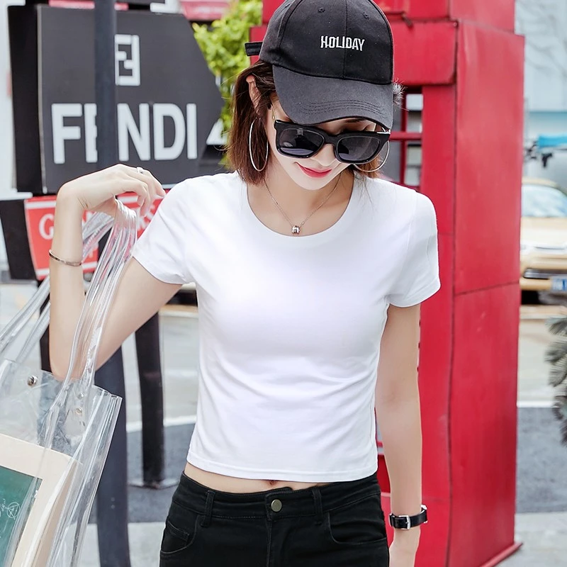白色超短款露脐高腰紧身上衣夏季t恤女修身显瘦小个子圆领ins潮