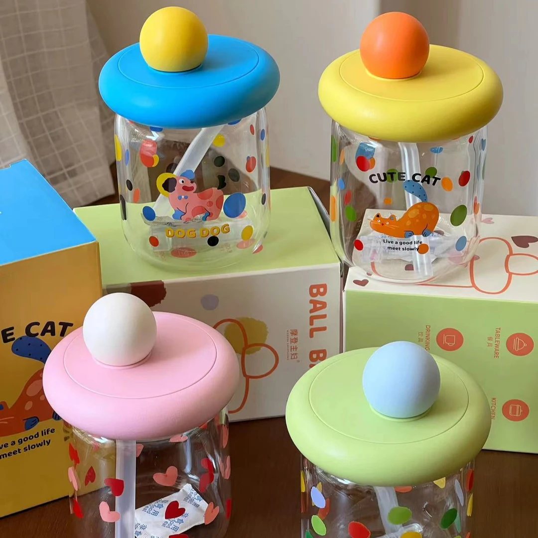 球球玻璃杯子办公室吸管杯家用喝水杯女新款2024高颜值牛奶杯