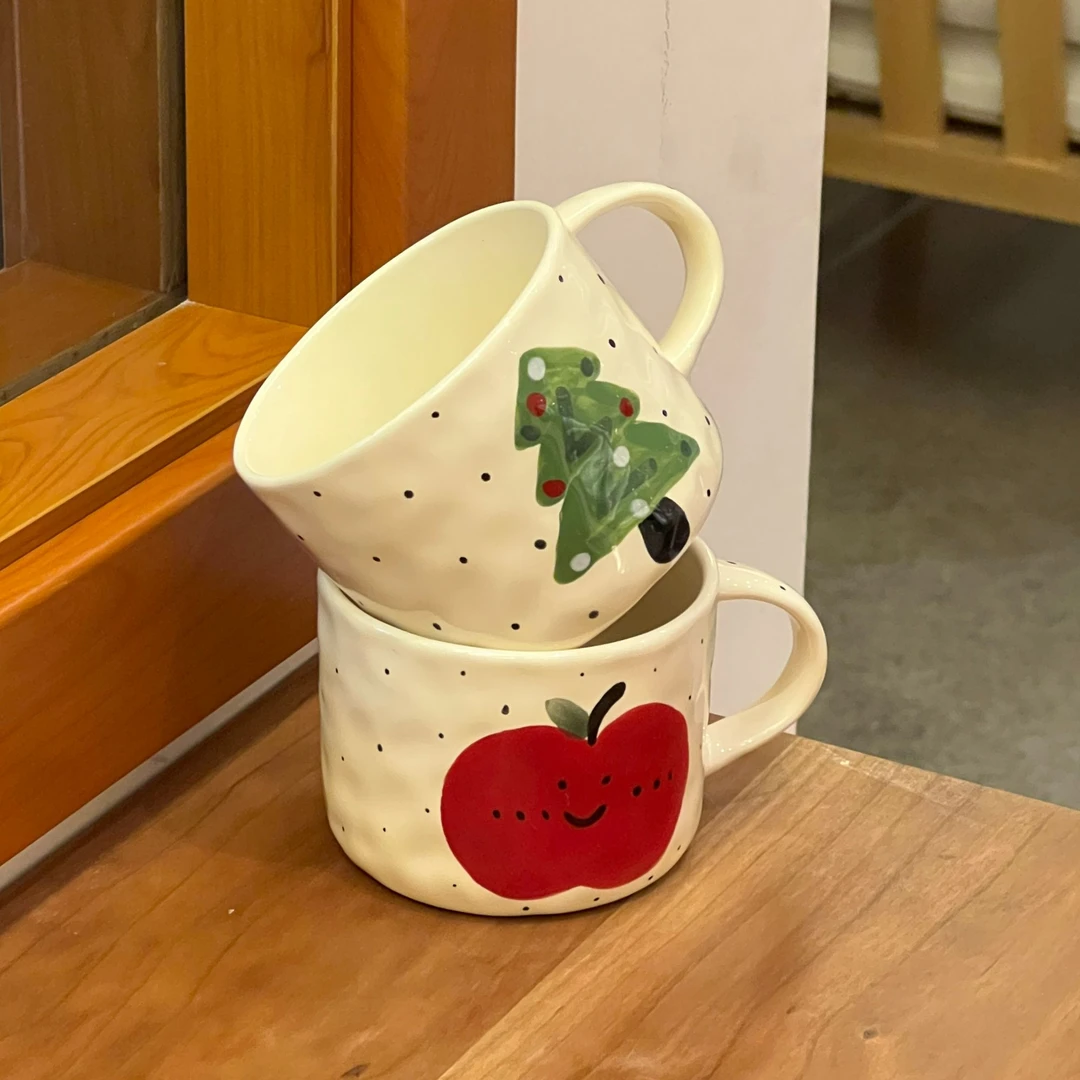 喜瓷餐具手绘红苹果圣诞树陶瓷马克杯可爱情侣咖啡杯圣诞礼物水杯