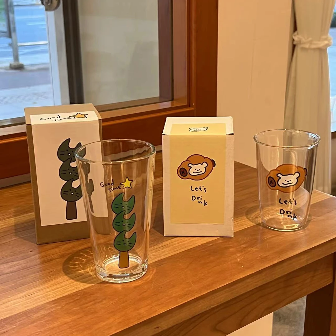 自制复古卡通有趣猫咪玻璃杯果汁杯中古风可爱小狗冷饮杯大号礼物