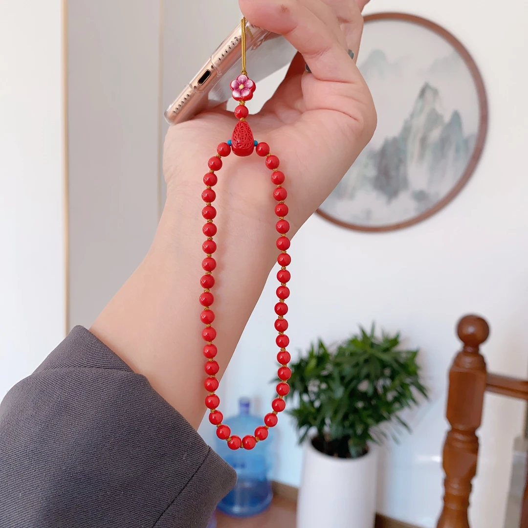 含辰砂工艺品高含量红砂手工编织珠链手机挂