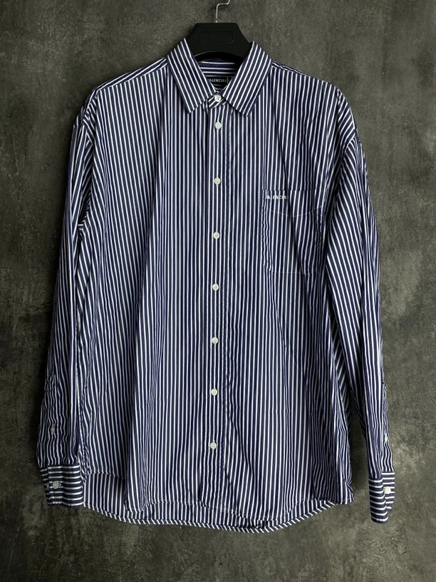 全新未使用/Balenciaga蓝白条纹胸口刺绣衬衫