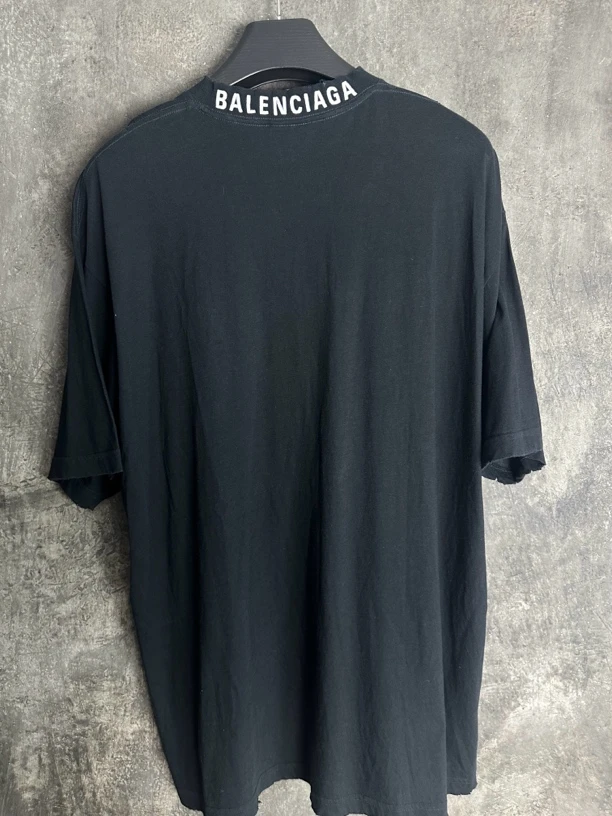 全新未使用/Balenciaga领口背后刺绣logo黑色基础破坏宽松短袖
