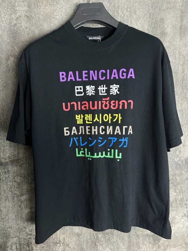 全新未使用/Balenciaga七国语言多国语言黑色标语宽松短袖