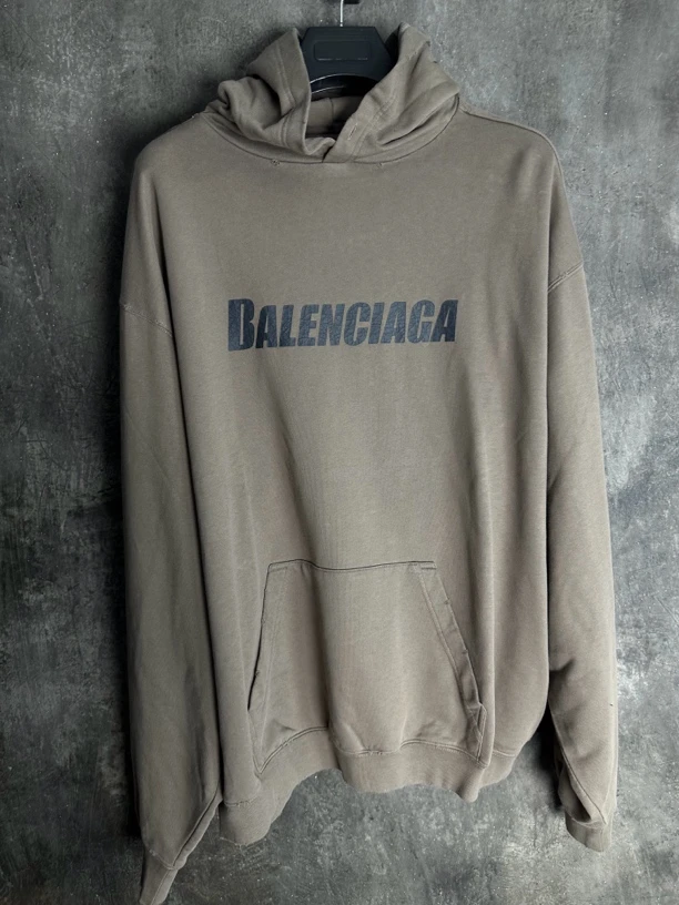 全新未使用/Balenciaga经典爆裂纹大logo灰褐色帽衫卫衣