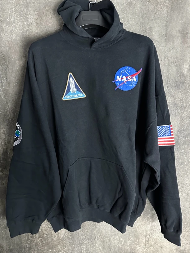 全新未使用/Balenciaga Nasa联名刺绣经典印花宽松黑色帽衫
