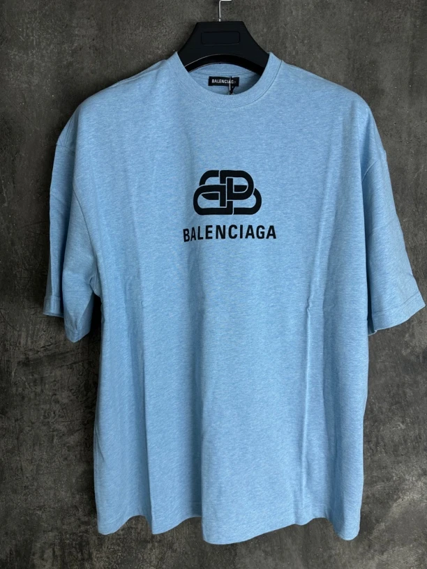全新未使用/Balenciaga雾霾蓝BB锁扣蓝色宽松短袖