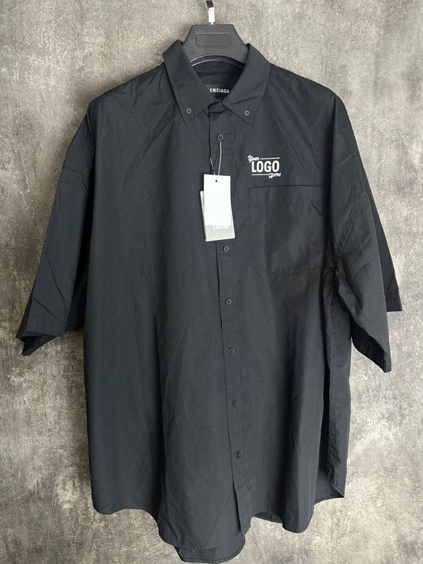 全新未使用 Balenciaga/巴黎世家 黑色宽松Logo廓形刺绣短袖衬衫