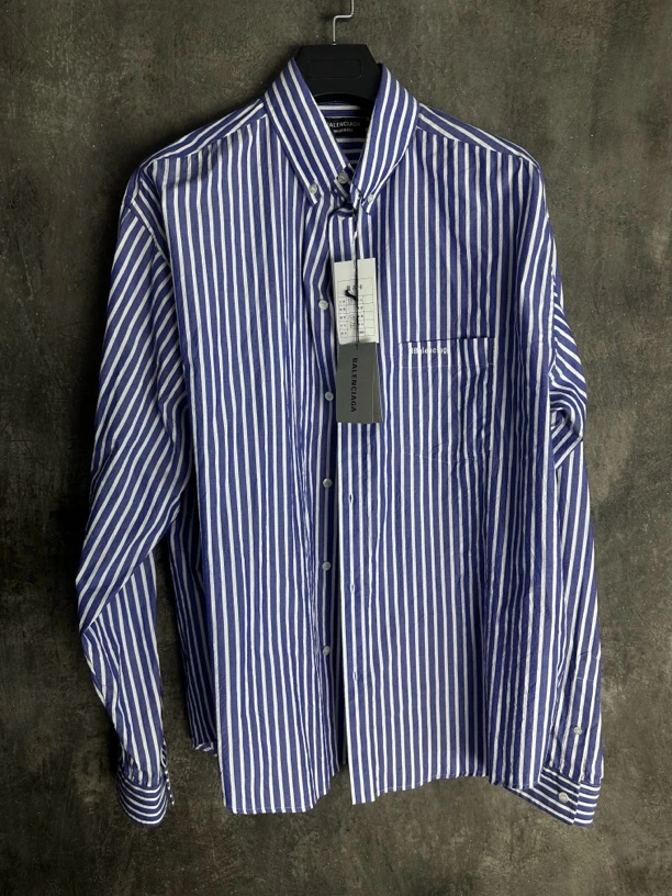 全新未使用/Balenciaga蓝白条纹BB刺绣长袖衬衫外套