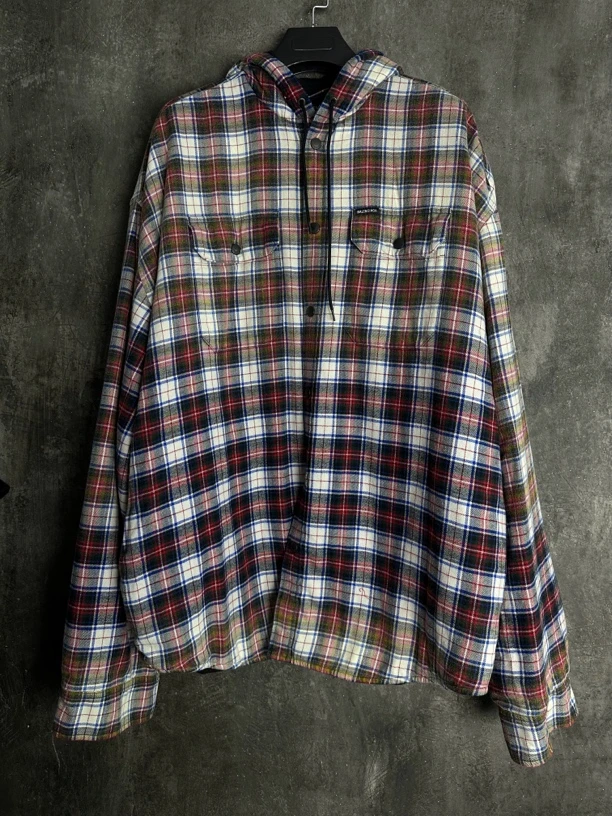全新未使用/Balenciaga渐变法兰绒格子衬衫棉服连帽外套