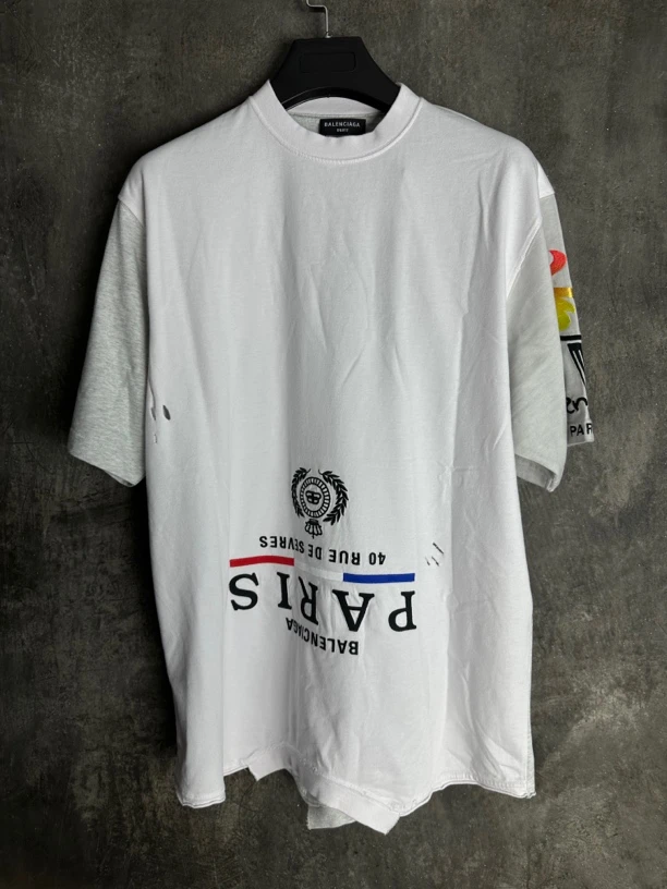 未使用/Balenciaga颠倒刺绣拼接Paris刺绣白灰色破洞短袖