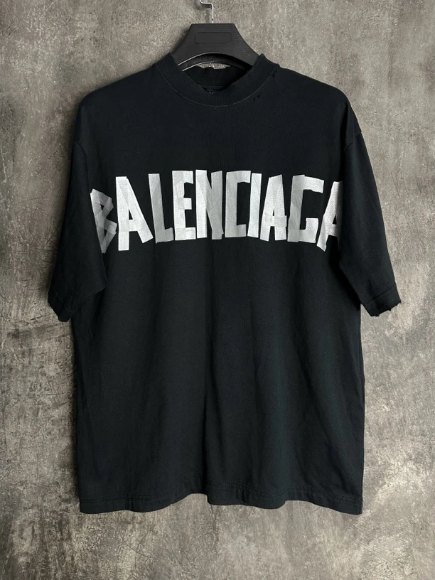 全新未使用/Balenciaga 巴黎世家 黑银胶带短袖T恤